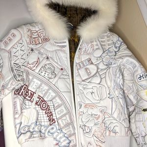 Embroidered White Leather Men's Jacket